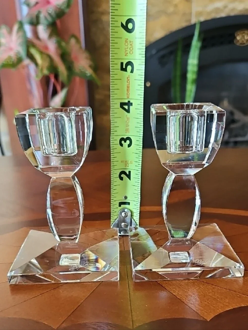 Oleg Cassini Signed Crystal Candlestick Holders Taper Candle Modern Set of 2